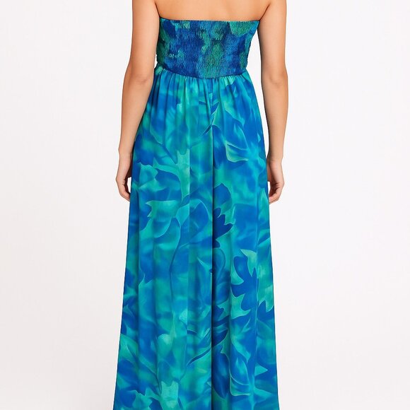 BellanBlue Blue Green Strapless Floral Jumpsuit NWT Size Medium Smocked Bodice - Picture 2 of 10